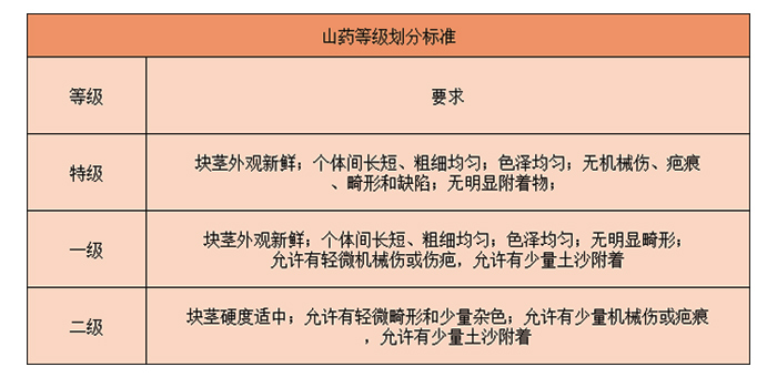 山藥入冷庫(kù)前的分級(jí)標(biāo)準(zhǔn)